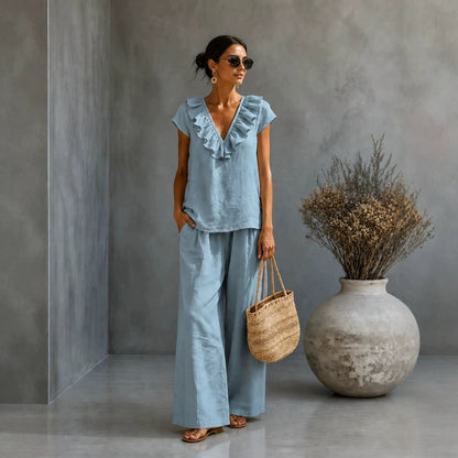 Women's V-Neck Ruffled Hem Top & Wide-Leg Pants Two-Piece Set FitiqueFit
