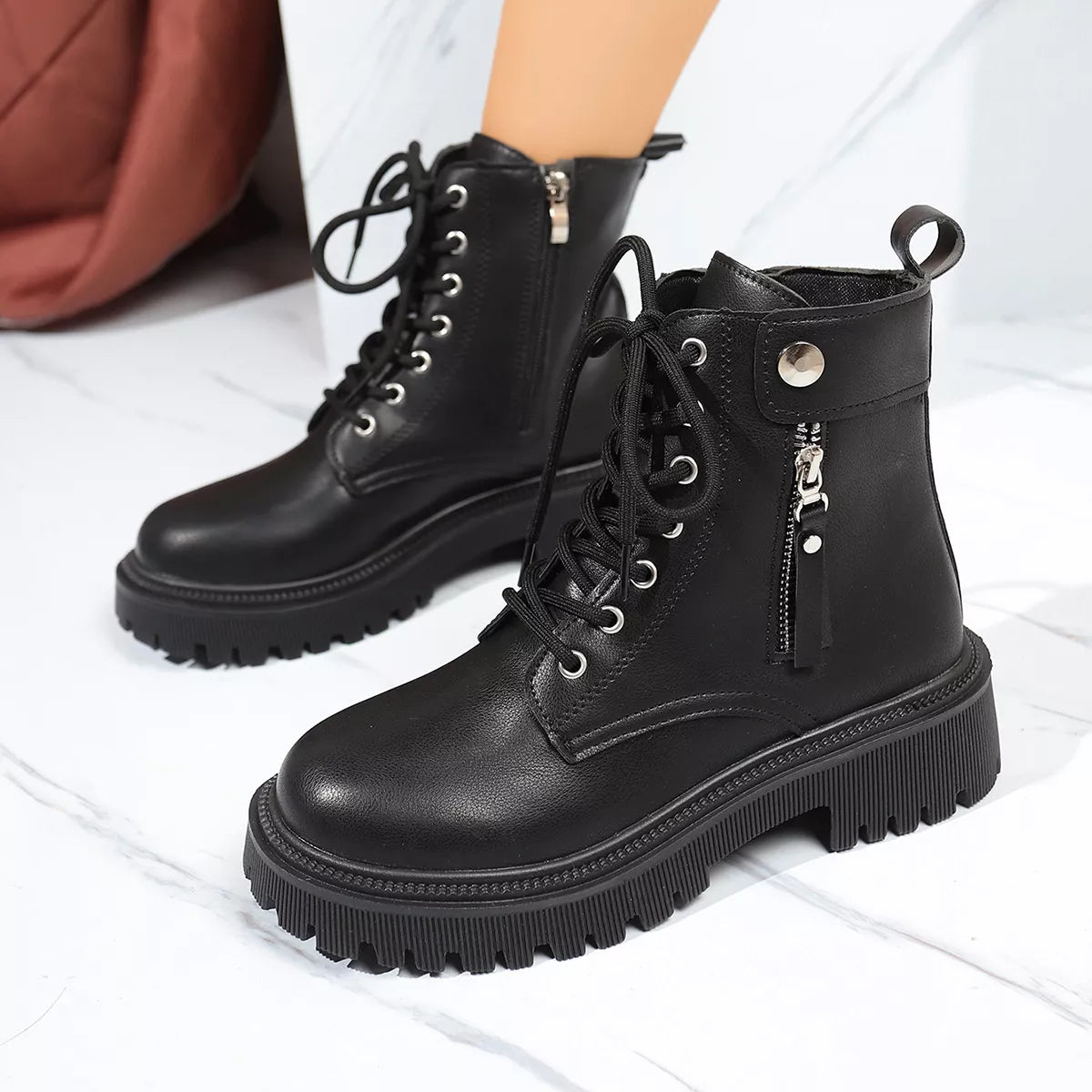 Round Toe Block Heels Boots with Mid-Heel Comfort FitiqueFit