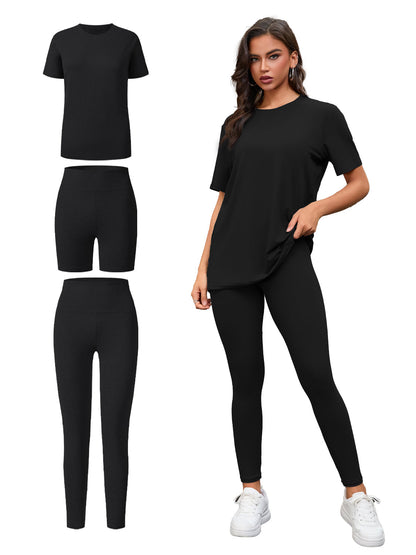 Three Piece Set, Round Neck Short Sleeved Top And Shorts And Pants Set, Sports And Casual Clothing See size chart under “more details” The Fashion Celestial