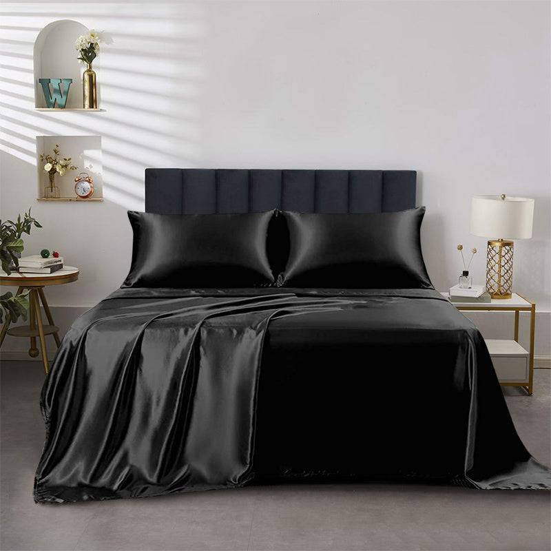 4pcs Satin Bed Sheet Four-Piece Set Includes One Fitted Sheet, One Flat Sheet, And Two Pillowcases. Pillowcases Do Not Include Inserts. Solid Colors Showcase Simple Elegance. The Simple Style Is Classic And Timeless. Polyeste NovaCart
