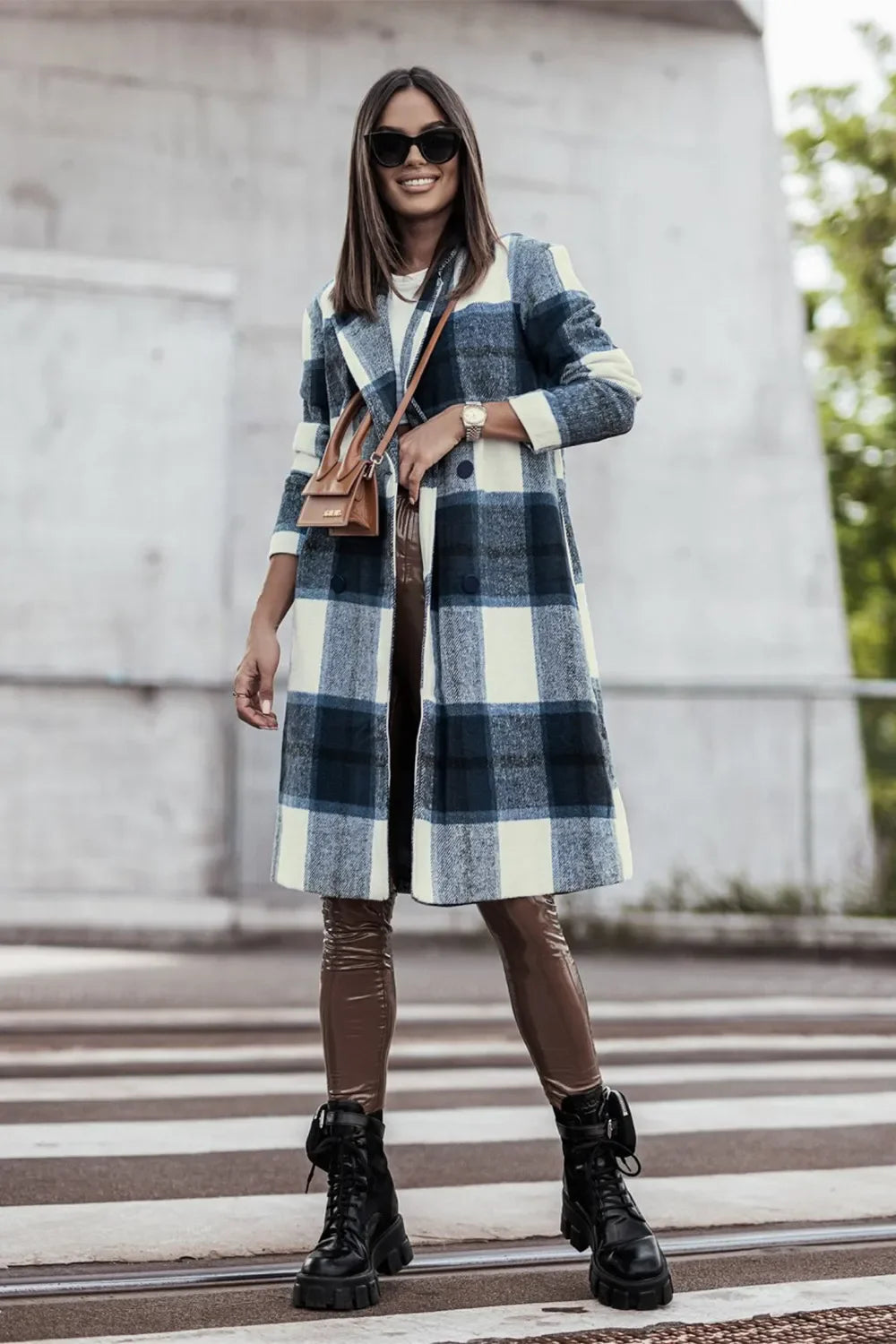 Double Take Full Size Plaid Button Up Lapel Collar Coat West2East Surf