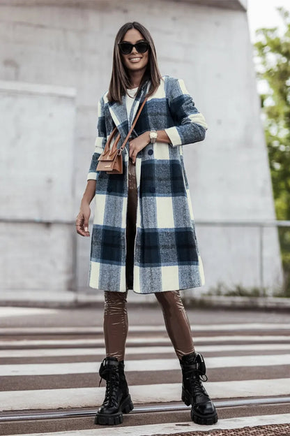Double Take Full Size Plaid Button Up Lapel Collar Coat West2East Surf
