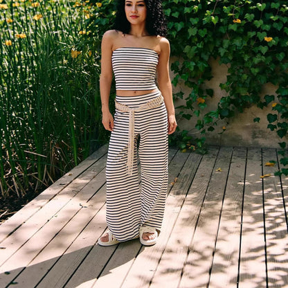 Women's Striped Tube Top & Pants Set – 2-Piece Modal Matching Outfit FitiqueFit