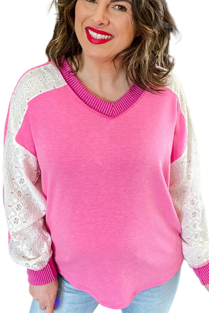 Bonbon Lace Patchwork Corded Trim Plus Size Long Sleeve Top Garden Naked Curves
