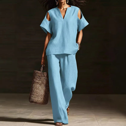 V-Neck Short Sleeve Top & Straight-Leg Pants Set – Ripped Detail, Pockets, Solid Color FitiqueFit