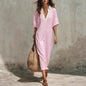 Women's V-Neck Loose Cropped-Sleeve Linen Midi Dress with Pockets FitiqueFit