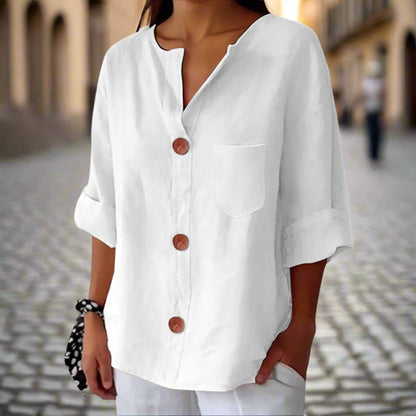 Women’s Loose V Neck T Shirt – Cotton Linen Button Top FitiqueFit