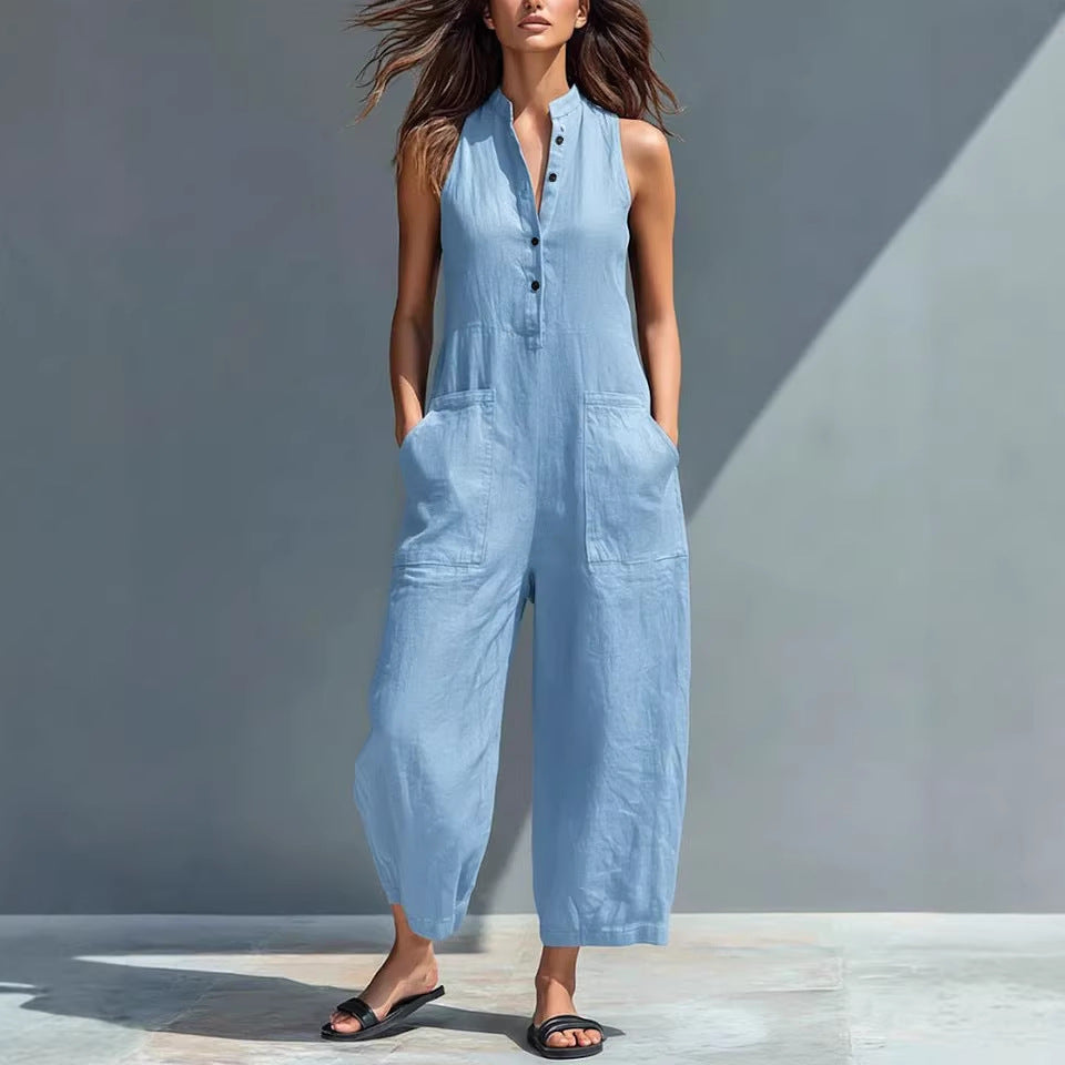 Casual Women’s Buttoned Stand Collar Sleeveless Loose Jumpsuit FitiqueFit