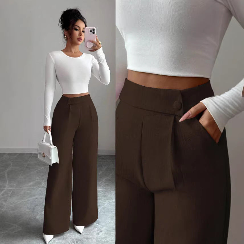 Women's High-Waist Straight-Leg Pants – Solid Color Button Detail Full Length FitiqueFit