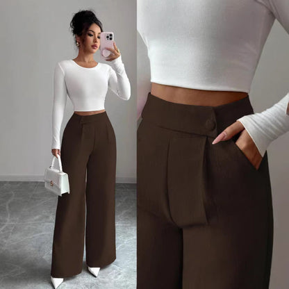 Women's High-Waist Straight-Leg Pants – Solid Color Button Detail Full Length FitiqueFit