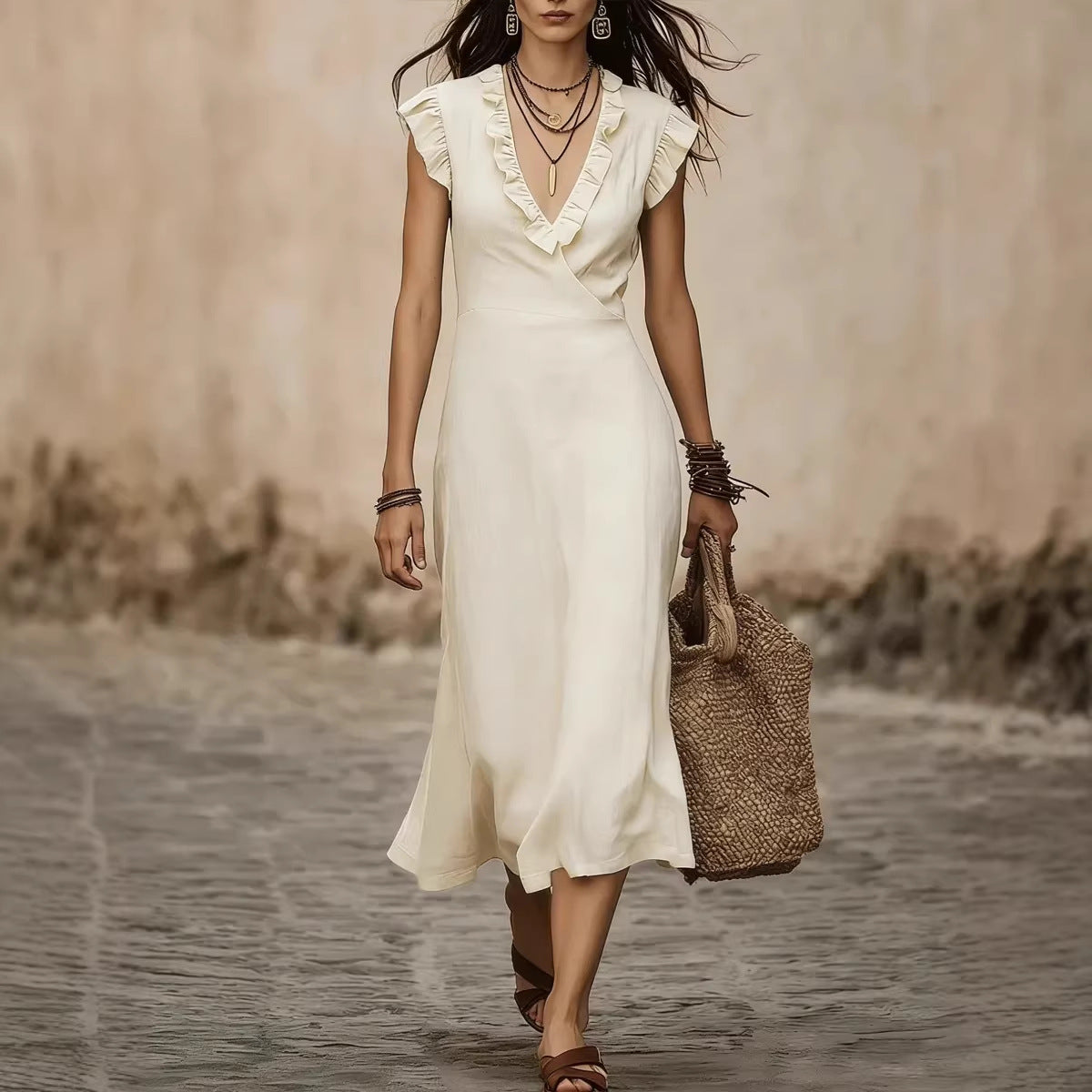 Women's V-Neck Cotton-Linen Flutter-Sleeve Ruffle-Trim Midi Dress FitiqueFit
