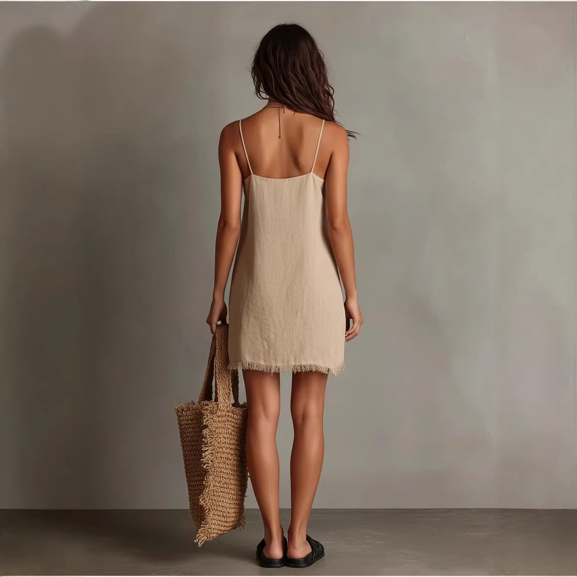 Women's V-Neck Slip Mini Dress – Fringe Trim Sleeveless Streetwear FitiqueFit
