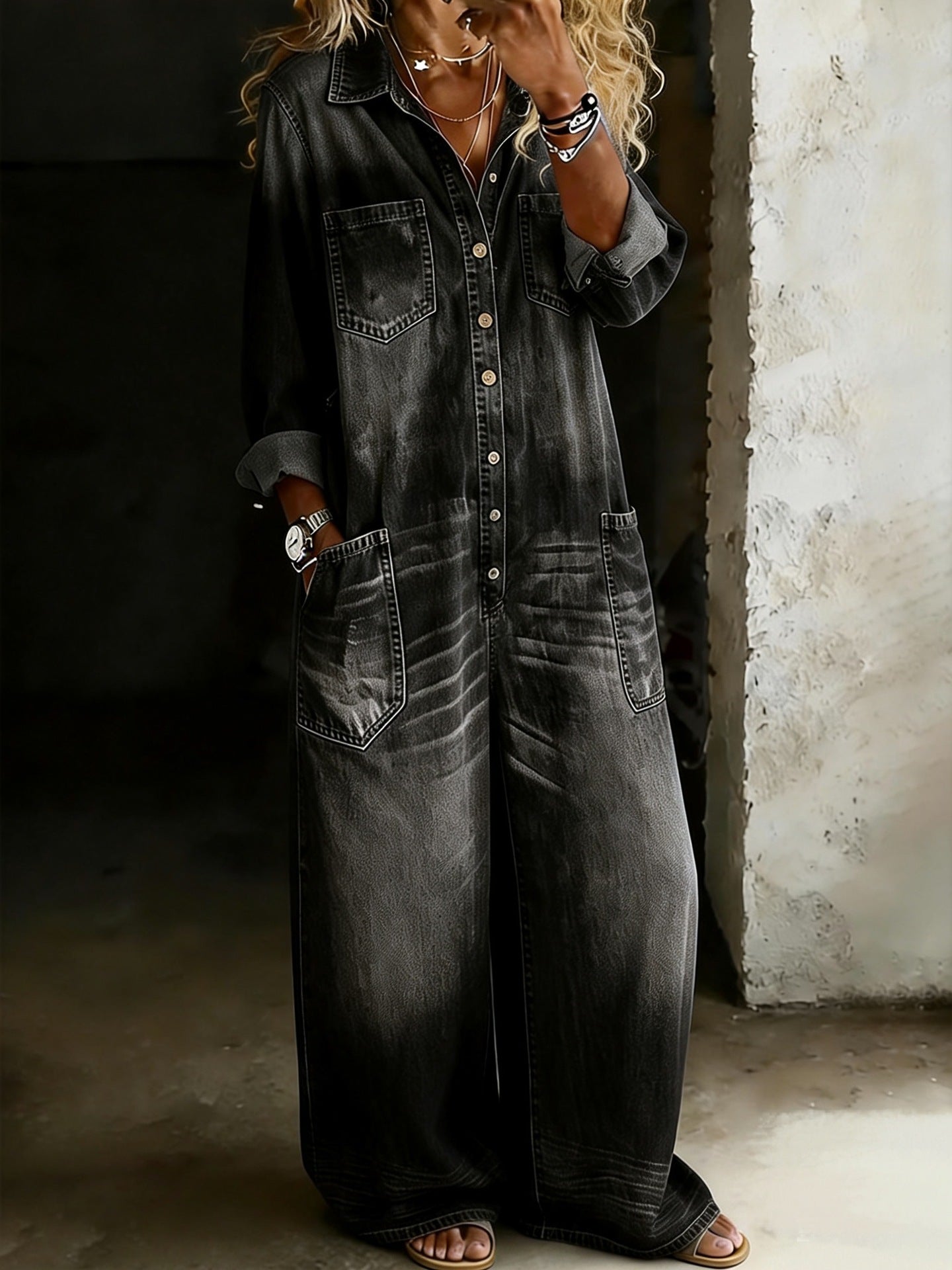 Women's Vintage Washed Wide-Leg Jumpsuit with Pockets FitiqueFit