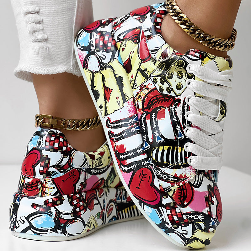 Women's Casual Round Toe Thick Sole Lace-Up Sneakers, Random Print Design, Comfortable Sporty Shoes For Daily Wear See size chart under “more details” The Fashion Celestial