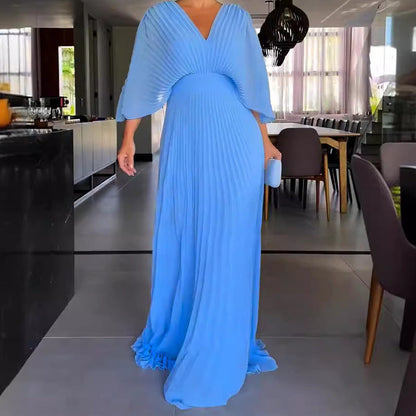Women's Solid Color And V-neck Bat Sleeve High Waist Dress See size chart under “more details” The Fashion Celestial