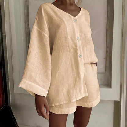 Women's Cotton Linen Shirt & Shorts Set – Long Sleeve, Button, Casual 2-Piece FitiqueFit