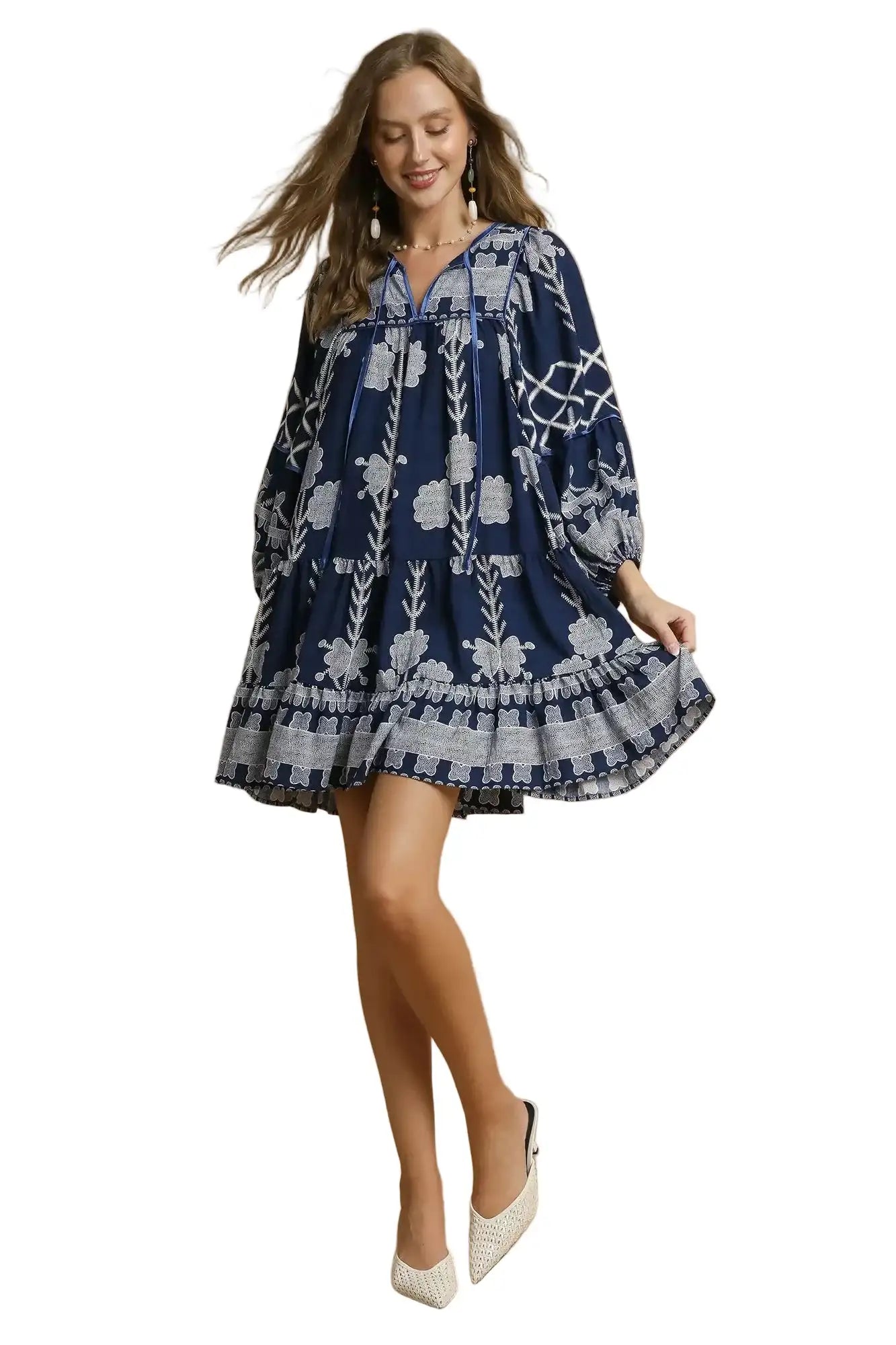 Umgee Tribal Print Dress with Tie Neck West2East Surf