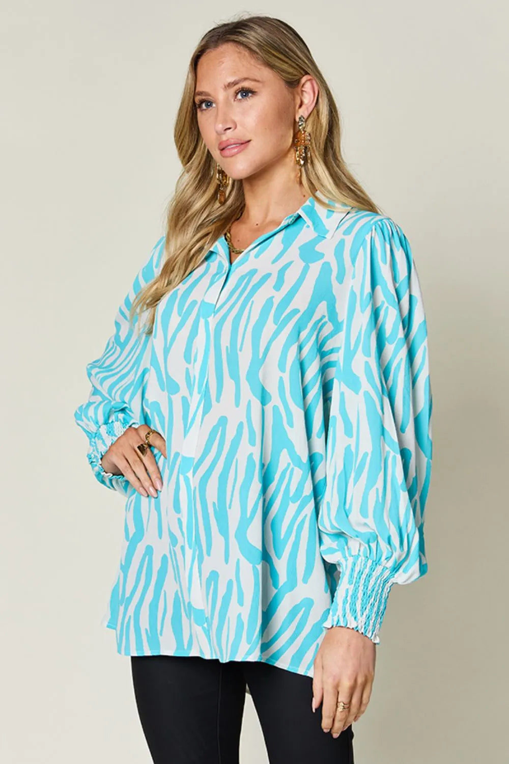Double Take Full Size Printed Smocked Long Sleeve Blouse Plus Size New Era Fashion LLc