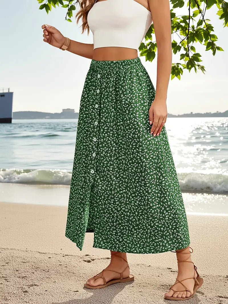 European And American Printed Breasted Self-tie Summer Pastoral A- Line Skirt Advanced Skirt Grayceful LLC