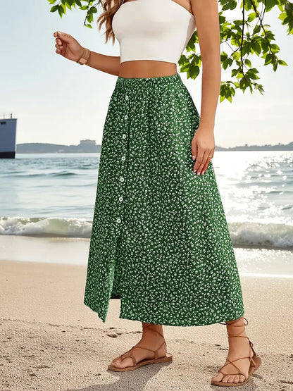 European And American Printed Breasted Self-tie Summer Pastoral A- Line Skirt Advanced Skirt Grayceful LLC