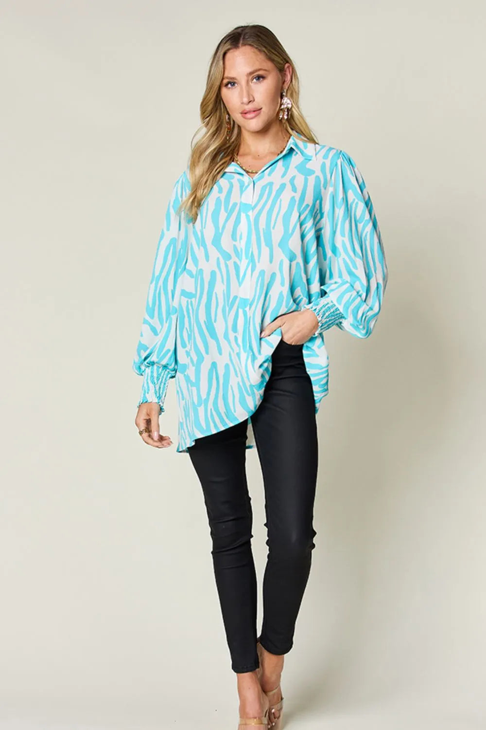 Double Take Full Size Printed Smocked Long Sleeve Blouse Plus Size New Era Fashion LLc
