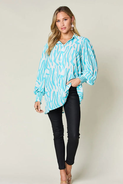 Double Take Full Size Printed Smocked Long Sleeve Blouse Plus Size New Era Fashion LLc