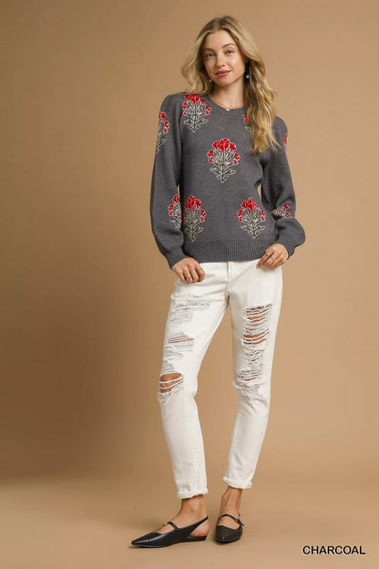 Umgee Single Flower Stem Jacquard Sweater FitiqueFit