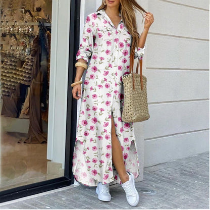 Women's Lapel-Collar Long Shirt Dress – Floral Print Midi Relaxed Fit FitiqueFit