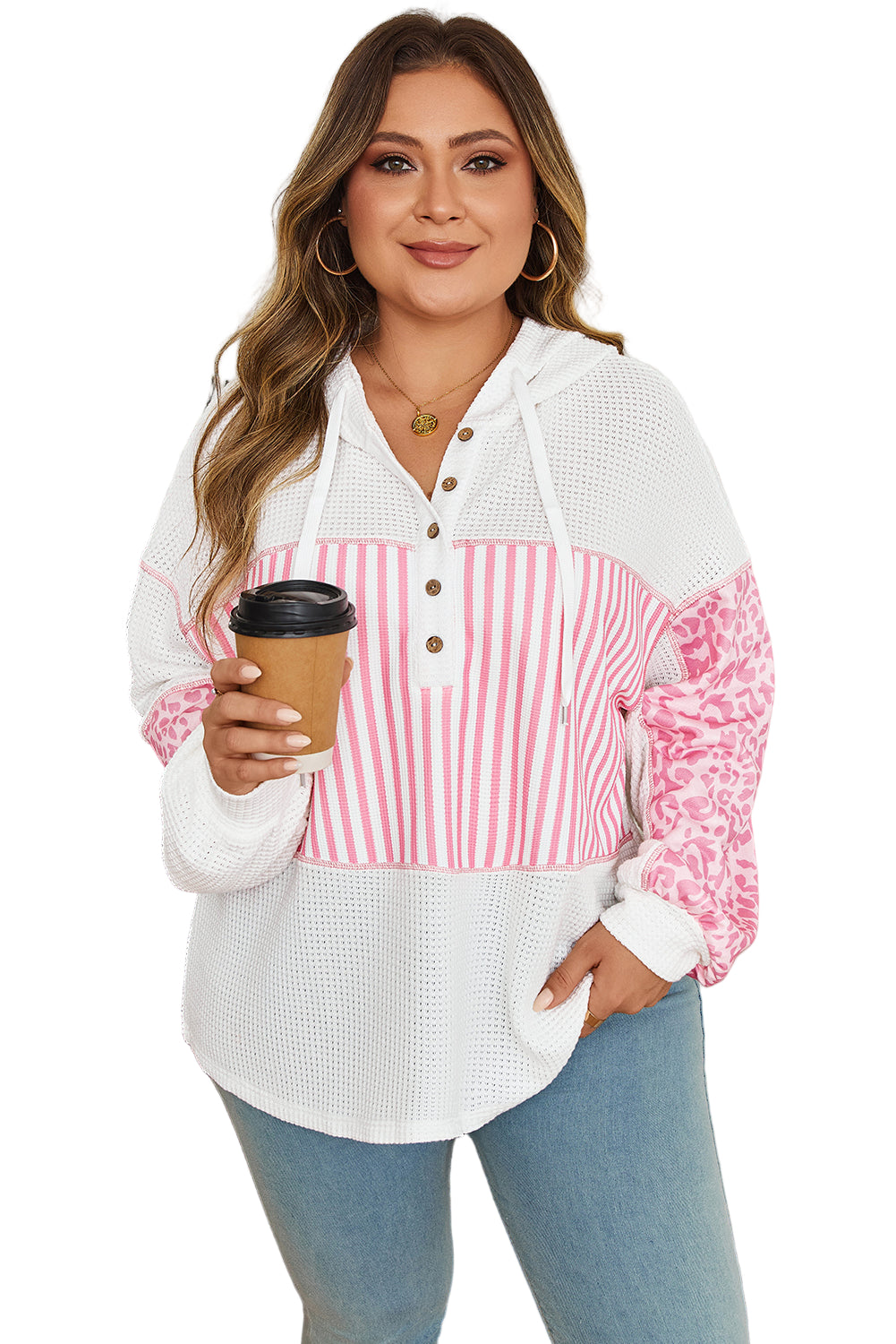Pink Stripe Leopard Patchwork Waffle Knit Buttoned Plus Size Hoodie Garden Naked Curves