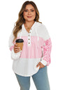 Pink Stripe Leopard Patchwork Waffle Knit Buttoned Plus Size Hoodie Garden Naked Curves