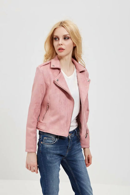 Suede Lapel Long Sleeve Zipper Detail Leather Jacket