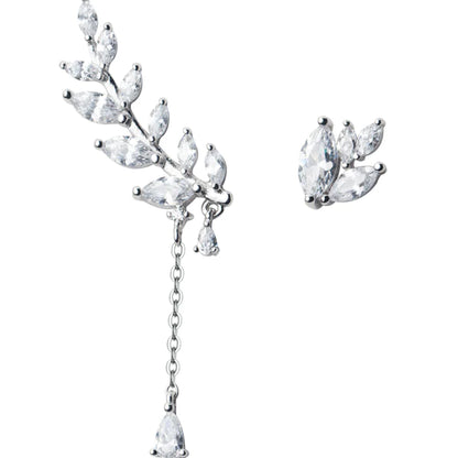 925 Silver Asymmetrical Earrings with Diamond Leaves