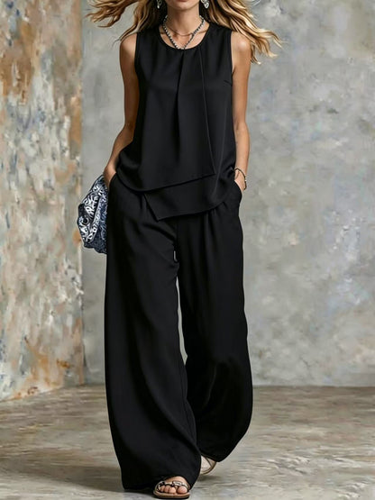 Women's Sleeveless Two-Piece Set – Solid Color Wide-Leg Pants & Top FitiqueFit