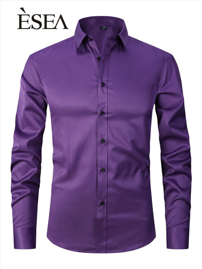 Men'S Stretch Slim-Fit Formal Shirt Without Pockets, Light Business Turn- Collar Long-Sleeved Shirt, Men'S Business Shirt, Wrinkle-Resistant And Durable Solid Color Formal Long-Sleeved Shirt with Buttons And Pockets, Suitable NovaCart