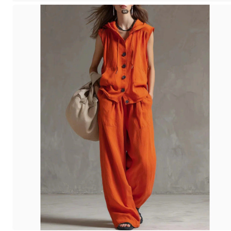 Sleeveless Hooded Top & Wide-Leg Pants Set | High-Waist Two-Piece FitiqueFit