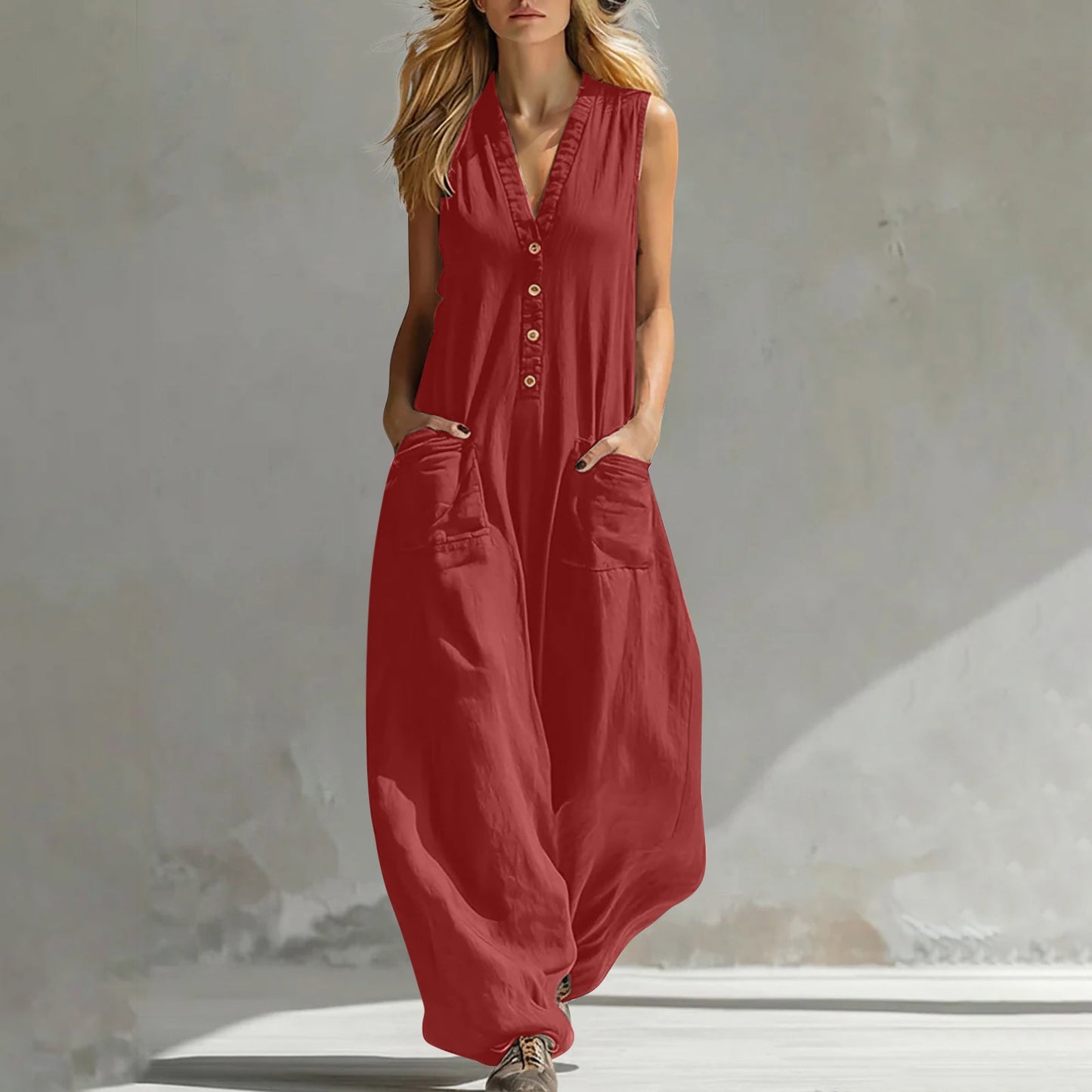 Women's Sleeveless Wide-Leg Jumpsuit with Pockets FitiqueFit