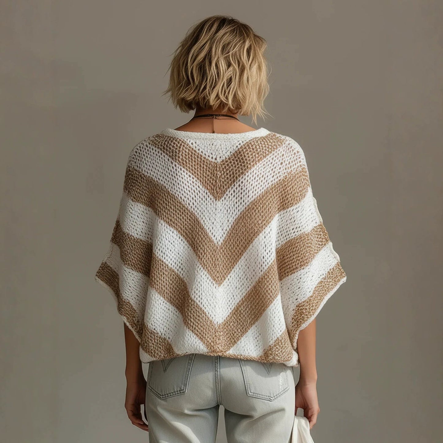 Women's V-Neck Knit Sweater – Loose Fit, Drop Shoulder, 3/4 Sleeve FitiqueFit