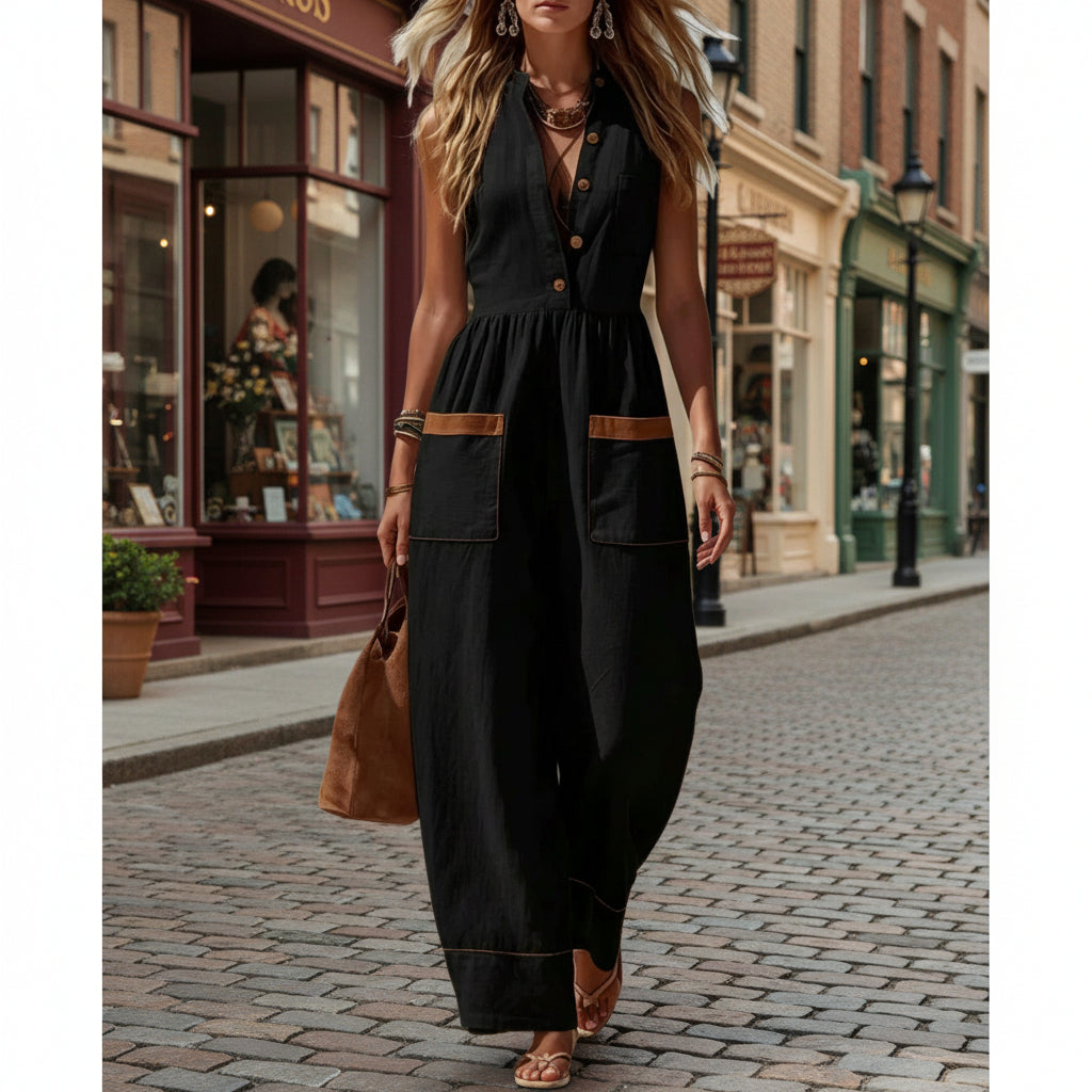Women's Sleeveless Wide-Leg Jumpsuit – Loose Fit, V-Neck, Cotton Linen FitiqueFit