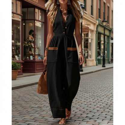 Women's Sleeveless Wide-Leg Jumpsuit – Loose Fit, V-Neck, Cotton Linen FitiqueFit
