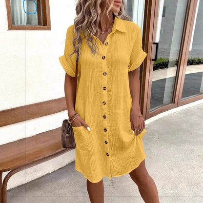 Women's Casual Loose Short-Sleeve Midi Shirt Dress – Button-Down FitiqueFit