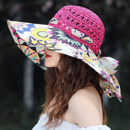 Women's Patterned Straw Beach Sun Hat – Round Crown UV Protection Summer Hat FitiqueFit