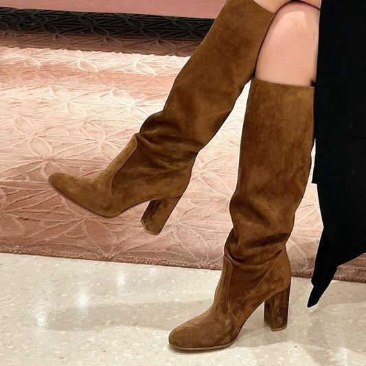 Women’s Suede High Heel Boots | Pleated Thick Heel Pointed Toe FitiqueFit
