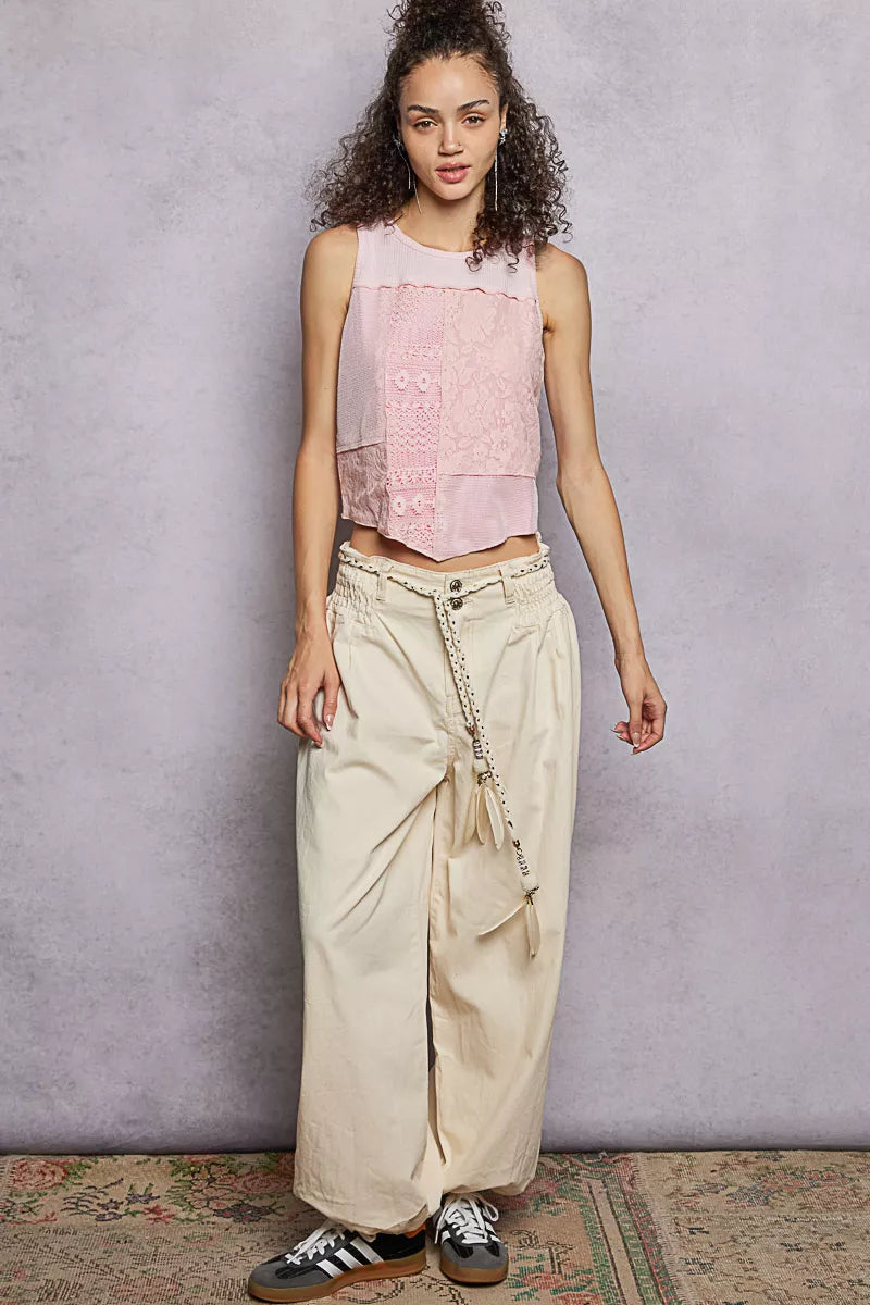 POL Ribbed Round Neck Cropped Tank with Lace Detail Montret