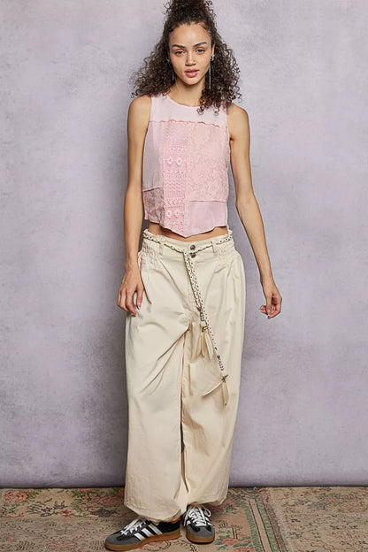 POL Ribbed Round Neck Cropped Tank with Lace Detail Montret