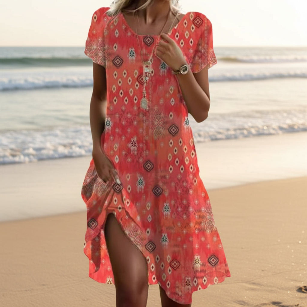 Ethnic Print Midi Dress – Scoop Neck Geometric Pattern Boho Dress FitiqueFit