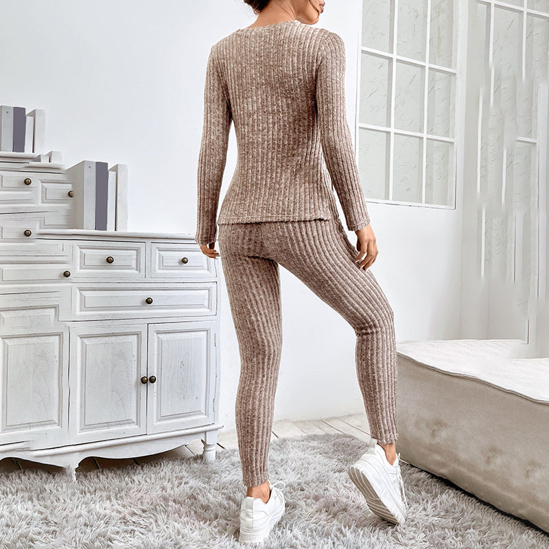 Women’s Ribbed Knit Long‑Sleeve Tee & Pants Lounge Set FitiqueFit
