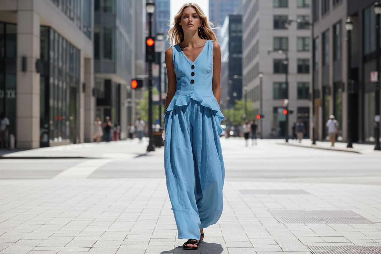 Ruffled Tank Top & Draping Wide-Leg Pants Set – 6 Colors, S–3XL FitiqueFit