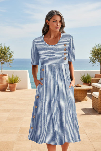 Button-Down Swing Maxi Dress – Short Sleeve Pocket Pullover Long Dress FitiqueFit