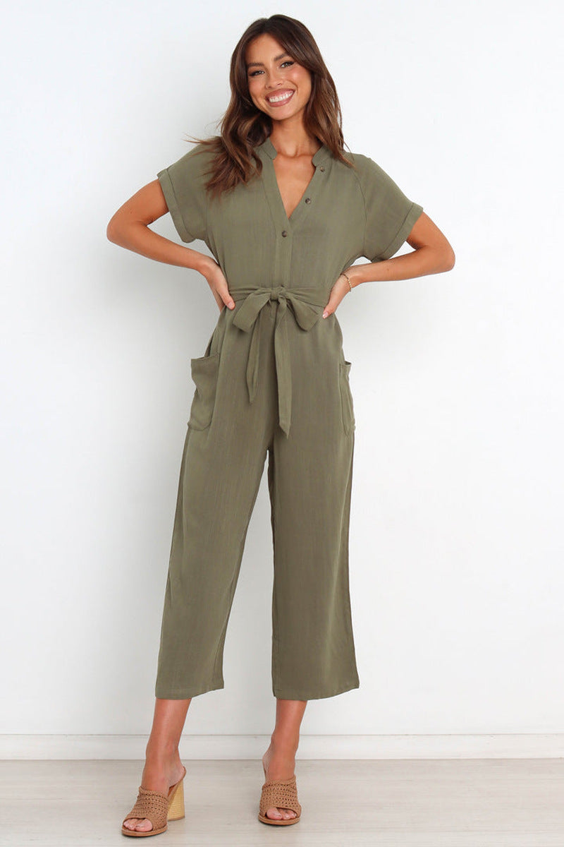 Women's V-Neck Cropped Wide-Leg Knit Jumpsuit FitiqueFit
