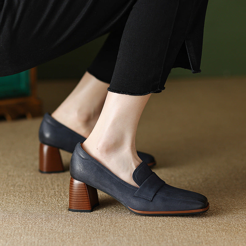 Women's Sheepskin Square Toe Chunky Heel Pumps – Retro High Heel Dress Shoes FitiqueFit